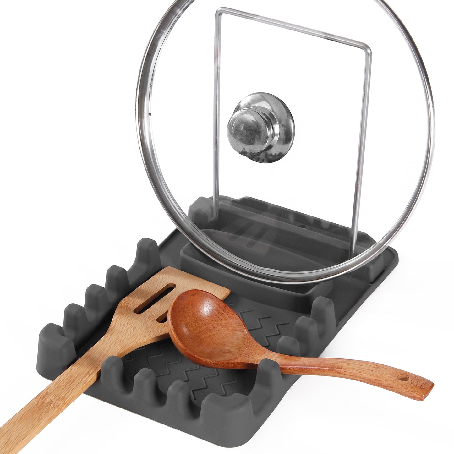 Silicone Utensil Rest with Foldable Stainless Steel Lid Holder – Multi-Slot Spoon & Spatula Holder, Heat Resistant, Non-Slip Rubber Feet, Dishwasher Safe, Space-Saving Kitchen Tool