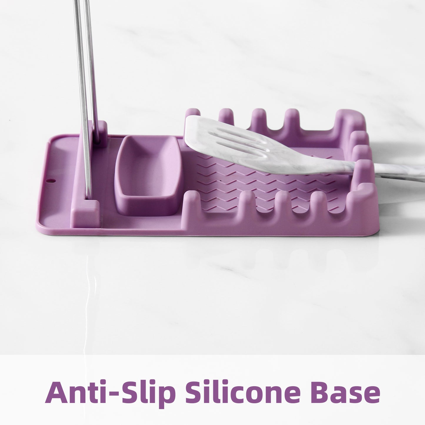 Silicone Utensil Rest with Foldable Stainless Steel Lid Holder – Multi-Slot Spoon & Spatula Holder, Heat Resistant, Non-Slip Rubber Feet, Dishwasher Safe, Space-Saving Kitchen Tool