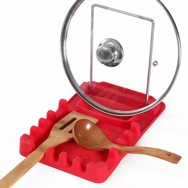 Silicone Utensil Rest with Foldable Stainless Steel Lid Holder – Multi-Slot Spoon & Spatula Holder, Heat Resistant, Non-Slip Rubber Feet, Dishwasher Safe, Space-Saving Kitchen Tool