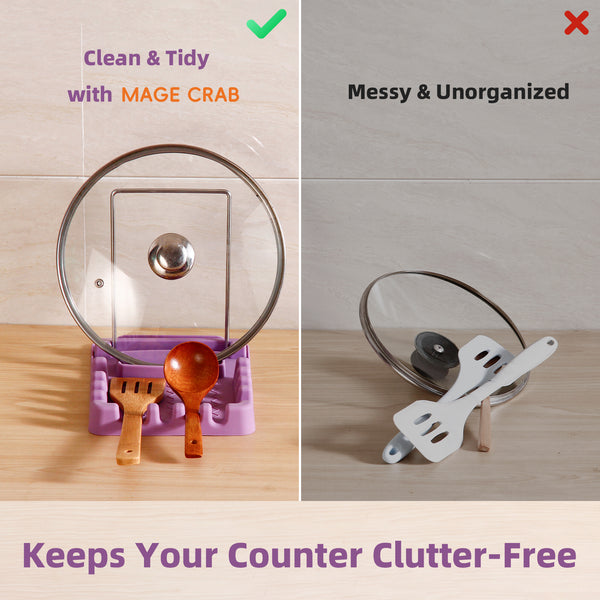 Silicone Utensil Rest with Foldable Stainless Steel Lid Holder – Multi-Slot Spoon & Spatula Holder, Heat Resistant, Non-Slip Rubber Feet, Dishwasher Safe, Space-Saving Kitchen Tool