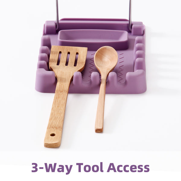 Silicone Utensil Rest with Foldable Stainless Steel Lid Holder – Multi-Slot Spoon & Spatula Holder, Heat Resistant, Non-Slip Rubber Feet, Dishwasher Safe, Space-Saving Kitchen Tool