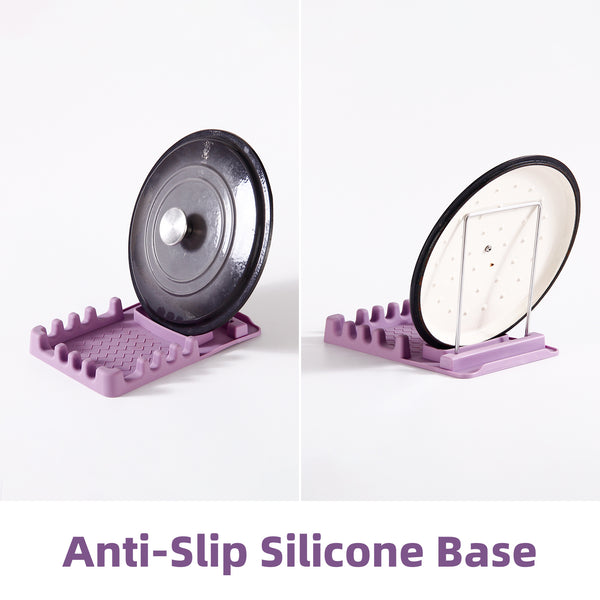 Silicone Utensil Rest with Foldable Stainless Steel Lid Holder – Multi-Slot Spoon & Spatula Holder, Heat Resistant, Non-Slip Rubber Feet, Dishwasher Safe, Space-Saving Kitchen Tool