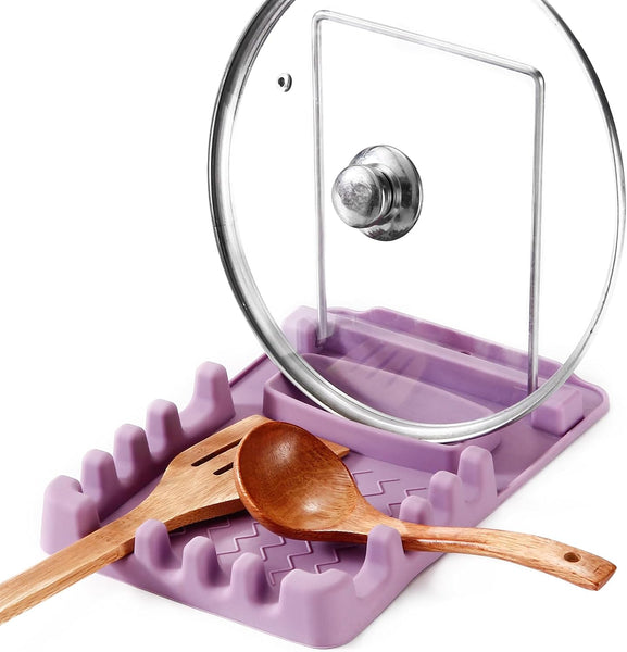 Silicone Utensil Rest with Foldable Stainless Steel Lid Holder – Multi-Slot Spoon & Spatula Holder, Heat Resistant, Non-Slip Rubber Feet, Dishwasher Safe, Space-Saving Kitchen Tool
