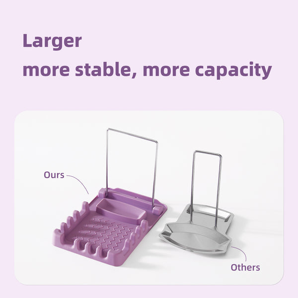 Silicone Utensil Rest with Foldable Stainless Steel Lid Holder – Multi-Slot Spoon & Spatula Holder, Heat Resistant, Non-Slip Rubber Feet, Dishwasher Safe, Space-Saving Kitchen Tool