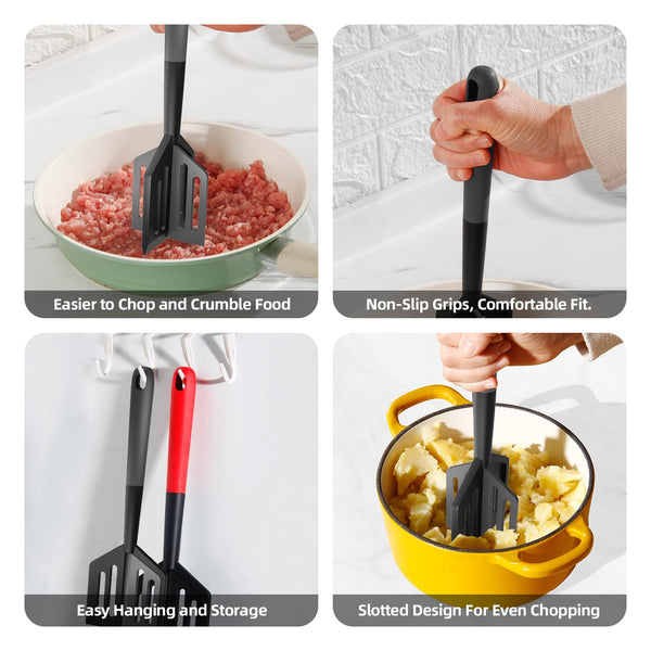 Meat Chopper, Heat Resistant Meat Masher for Hamburger, Ground Beef Smasher, Non Stick Mix Ground Chopper, Mix and Chop Potato Masher Tool 2in1 Twist Design